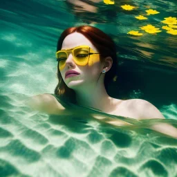 Emma Stone underwater with yellow flowers for hair, closed eyes, rtx, reflection, 8k, glow, winning photography, caustics