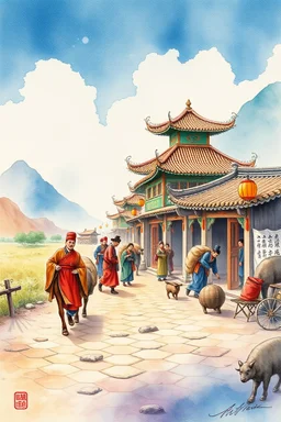 trading caravan Hexi Corridor silk road in ancient times in the style of Ai Weiwei watercolour