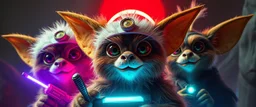 volume fog light, hyper real close up on fluffy faces of rock cute charming alien cricket coyote priest gremlin fashion general with hi tech transcendent lazer plasma blaster arsenal from hell, guarding bridge up to space saucer neon plastic transparent, movie poster