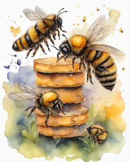 three bees flutter over the hive watercolor drawing