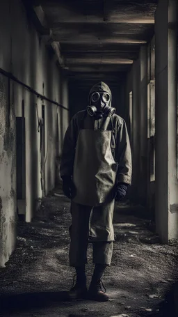 a person with a gas mask in an abandoned massive factory