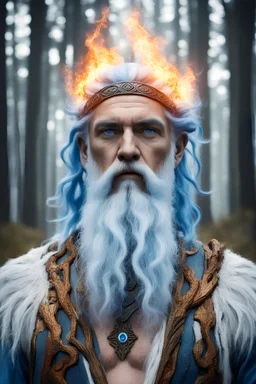 god Zeus in the forest, blue eyes, white beard, oak grove, fire, lightning, blue hair, ethnic symbols, Scandinavian signs on the body, high definition image, realistic image on a white background
