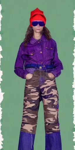 Model, Caucasian woman. sérigraphie on denim with purple, lilac, green, khaki and crimson, red colors. Camouflage patterns are screen printed on denim. Woman in her 30's. thick thighs, thick calves, flat belly, wide hip. Mantle made of recycled Denim by sewing. Big bright purple and blue felt pieces makes mantle, which is merged with satchel. purple tippet, cream-color inside the hood. AKG headphones is merged with small felt cap with small visor. Haute Couture, 1990's