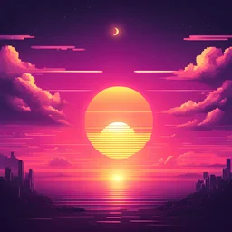 high skies, synthwave picture style with light pixel, the sunset on the horizon, with a big pixelated sun and a half moon