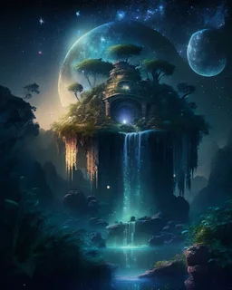 Mystical floating island with a lush garden, ancient ruins, and a cascading waterfall, under a starry twilight sky.