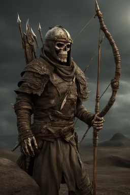 photorealistic Ancient undead archers commander wearing fullplate wandering the wasteland