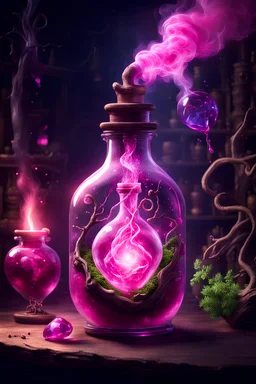 An elixir full of energy in a jeweled potion bottle in a dark wizards room. realistic heart in a jar. glowing. high resolution. pink potion. flowy smoke. love potion. sparks around the potion. mysterious. roots and vines and herbs in potion