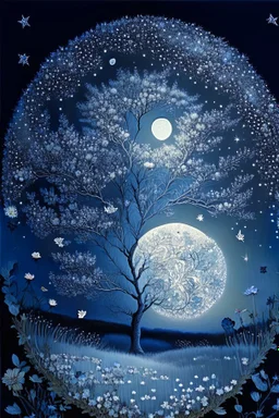 a background of softly blended blues, greys, silvers, and whites with distant, twinkling stars in the sky, an a circle moon casting a soft glow of light on a foreground of a field of various flowers surrounding a tree of life