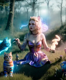 Ultra realistic wonderland photo, happy blonde woman smoking a shisha, blue dress, purple-cat friend, circus dress style, old school tattoo, smoke, marijuana garden, glow eyes, perfect iris, soft color, highly detailed, unreal engine 5, cinematic, ultra detail, volumetric lighting, high definition.