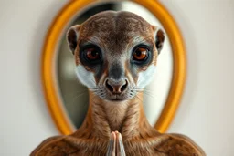 full body portrait of humanoid shiny yoga weasel semi transparent hypnotic kind eyes in front of mirror