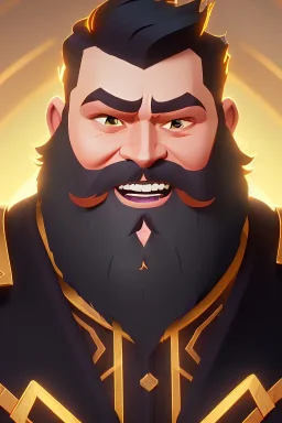 Bearded strong man wearing a thick fur-lined merchant's coat, wearing gold rings, divine, halo, happy smiling, portrait, high definition, realistic