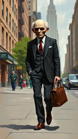 A man with suite carrying a business bag walking in the new York street , his head is an old scary doll , Busch says painting style