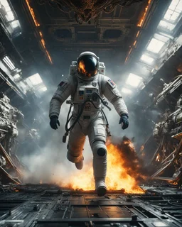 Astronaut VS Alien insect monster.Long shot front side shot of burning spaceship engine room, dramatic sprinting pose of an Russian astronaut being chased by Alien elements of ferocious insects, fangs, Intricate, Cinematic, Stunning, Highly Detailed, 8k, Atmospheric, Highly Detailed, Fantasy Realism,