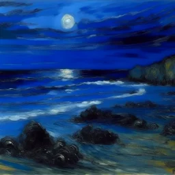 A dark blue gelatinous beach painted by Claude Monet