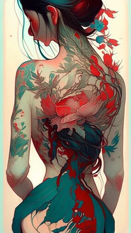 There is a woman's back, Tattoos with red and teal flowers on the back, ukiyo-style, Guviz-style artwork, Guviz, Alphonse mucha and rossdraws, A beautiful artwork illustration, By Li Song, by Yang J, author：Zou Zhe, By Zeng Jing, by Ye Xin, author：Shitao, author：Zhou Fang, korean art nouveau anime