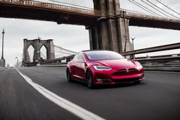 A Tesla's 'Model 3' is racing at top speed, on the 'Brooklyn Bridge' in New York. CINEMATIC. WIDE ANGLE LENS. PHOTO REAL.