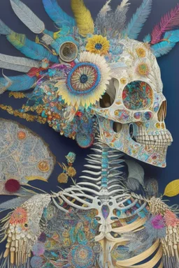 Painting entitled "If you only opened your mind, perhaps your brain could fall out"; neo-surreal skeleton wearing a designer outfit painstakingly sewed together from a patchwork of mixed media including feathers, foliage, flowers, gemstones, and shiny sequins that reflect the sun; quilling, award-winning, masterpiece, portfolio piece, fantastical, Intricate, provocative, superbly detailed, Holographic, Magnificent, Meticulous, Mysterious