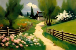 Clouds, cabin, spring trees, little pathway, fence, flowers, edouard manet impressionisn painting