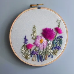 embroidery hoop with delicate arrangement of pressed flowers, pressed flowers, tulle, couture, beautiful composition, aesthetic layout, wildflowers, detailed beadwork, beading