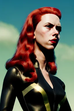 retro portrait image from 1960, sky background, wind, long red hair, fighting stance, sweet young Scarlett Johansson, black dress, classic long tight lycra black suit, gold bracelet and belt, high heel boots, superhero style, soft color, highly detailed, unreal engine 5, ray tracing, RTX, lumen lighting, ultra detail, volumetric lighting, 3d, finely drawn, high definition, high resolution.