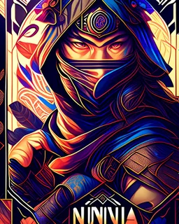 Ninja warrior centered | symmetrical | key visual | intricate | highly detailed | iconic | precise lineart | vibrant | comprehensive cinematic | alphonse mucha style illustration | very high resolution | sharp focus | poster | no watermarks full body