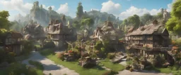 a beautiful surreal sunny countryside market scene with distant hills, many conjoining intricate characterful dwellings & clock-house (designed by Esher & Dali), many paths & walkways & stairways, waterfalls & a waterwheel : ultra high detail, photorealistic, epic cinematic, 8K, Large depth of field