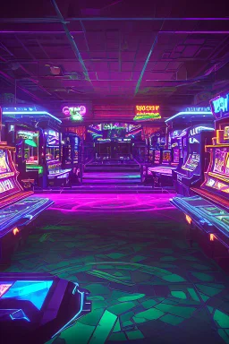 A dark photo of a full panoramic view an 80's aesthetics arcade at night, with a lot of functioning arcade machines, a vaporwave floor and some colorful tiles in between the floor. Purple aesthetics. Full panoramic view