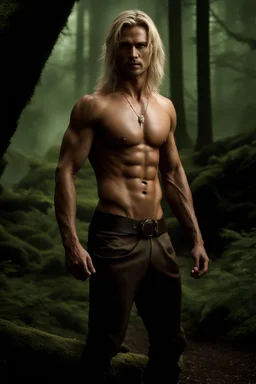 Tall muscular man aged 35 with light shaggy hair which falls around his shoulders, blonde neatly trimmed beard, bare chested, photorealistic, dark fantasy, forest.