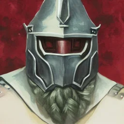 dungeons and dragons, fantasy, dwarf, dark priest, full plate armour, ironclad, dark metal, dark red glow, watercolour, large strokes, distinct face, portrait, head, crude crown