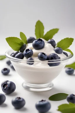 ((Zoom out)), Glass bowl filled with creamy yogurt topped with a beautiful arrangement of some blueberries, Editorial Photography, Photography Shot on 70mm lens Depth of Field Bokeh DOF Tilt Blur Shutter Speed 1/1000 F/22 White Balance, 32k Super-Resolution white background.
