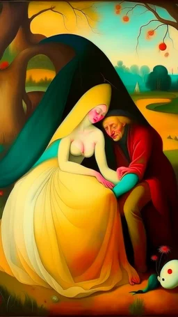 Bosch painting style, nightmare, a man and a woman are deeply in love