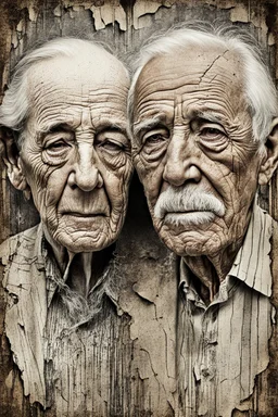 an old couple faces old pale brown vintage photo with crack, fault, glich technique, grey-brown, defects, graininess, white noise, lines, scratches, glitch art