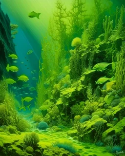 A lime green underwater reef with poisonous fish painted by Albrecht Durer