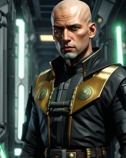 star wars bald male corellian jedi pilot wearing black and gunmetal grey old republic armored robes with gold trim inside the jedi temple holding a lightsaber with viridian green blade in left hand, centered head and shoulders portrait, hyperdetailed, dynamic lighting, hyperdetailed background, 8k resolution, volumetric lighting, light skin, fully symmetric details