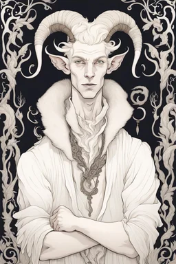 young satyr male albino alchemist with goat horns in the style of Aubrey Beardsley