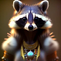 award winning portrait of a female anthropomorphic raccoon with tribal and metallic jewelry. character design by cory loftis, fenghua zhong, ryohei hase, ismail inceoglu and ruan jia. unreal engine 5, artistic lighting, highly detailed, photorealistic, fantasy