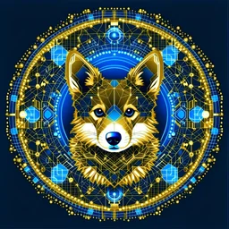 Blue and gold circle logo of a cute corgi dog made of gold circuit board traces, fingerprint pattern and neural network superimposed behind