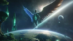 matrix universe, space, planets, god creation, angels from other dimensions with beautiful wings, trees on the planet, behind green crystals of light, few tiberium monolith deposits on the planet near tree,