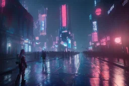 3D, beautiful, light reflecting, empty future city at night, rainy night, neon, cyberpunk, tron, one cyborg walking, 8k, finely detailed, photo realistic