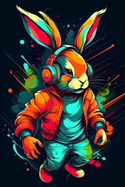 Graffiti style warm colors a cool rabbit with headphones brake dancing