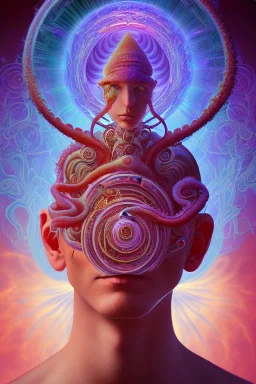 Spiritual being with Tentacles over human Head creating reality around, wrapping Spiral around Human, Psychedelic