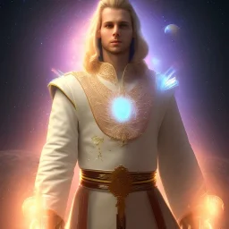 First image is of the main character's full body. He’s to look like a powerful celestial being with white robe, symbols on hands glowing, His background should be that of space above with stars and standing on a paradise of a planet. His belt can transform into a white dragon.