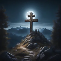 Hyper Realistic Cross on a mountain top at night with moonlight & trees on mountain