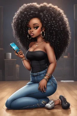 Create a furturism magna art of a black chibi curvy female sitting on the floor looking at her cell phone. She is wearing tight blue jeans and a black off the shoulder blouse. Prominent make up with lush lashes. Highly detailed tight curly afro. She is also wearing silver large hoop earringsart of a black chibi curvy female sitting on the floor looking at her cell phone. She is wearing tight blue jeans and a black off the shoulder blouse. Prominent make up with lush lashes.