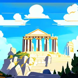 mount olympus from the greek mythology. view from below. temples high up on the mountain. Illustration. Cloudy. Sun behind the temple of Zeus.