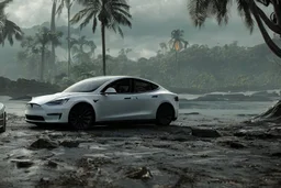 A Tesla's 'Model 3' is parked, on the 'Jurassic Park' island. CINEMATIC. WIDE ANGLE LENS. PHOTO REAL.