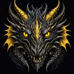 centered crepy stunning dragon head with yellow eyes on black background, dragon looking the camera, dark fantasy, , centered, high detalied, professional, alcohol ink, strong line art, vector graphics, dark mood, realistic, deep colors, cinematic