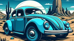 Create an image of a blue Beetle car driving through the desert with cacti in comic style