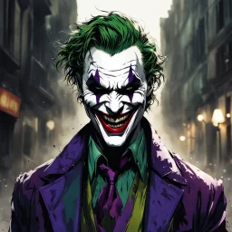 DEhybrid of (the joker:carnage:0. 1), sharp fangs, wide grin, grungy background street, moody lighting, shadows on left, torn jacket