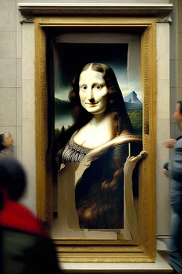 Mona Lisa climbing out of her portrait at the Louvre